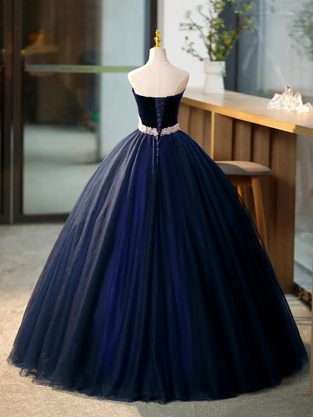 Blue Tulle Long Formal Dress with Velvet Blue Sweetheart Neck Prom Dress