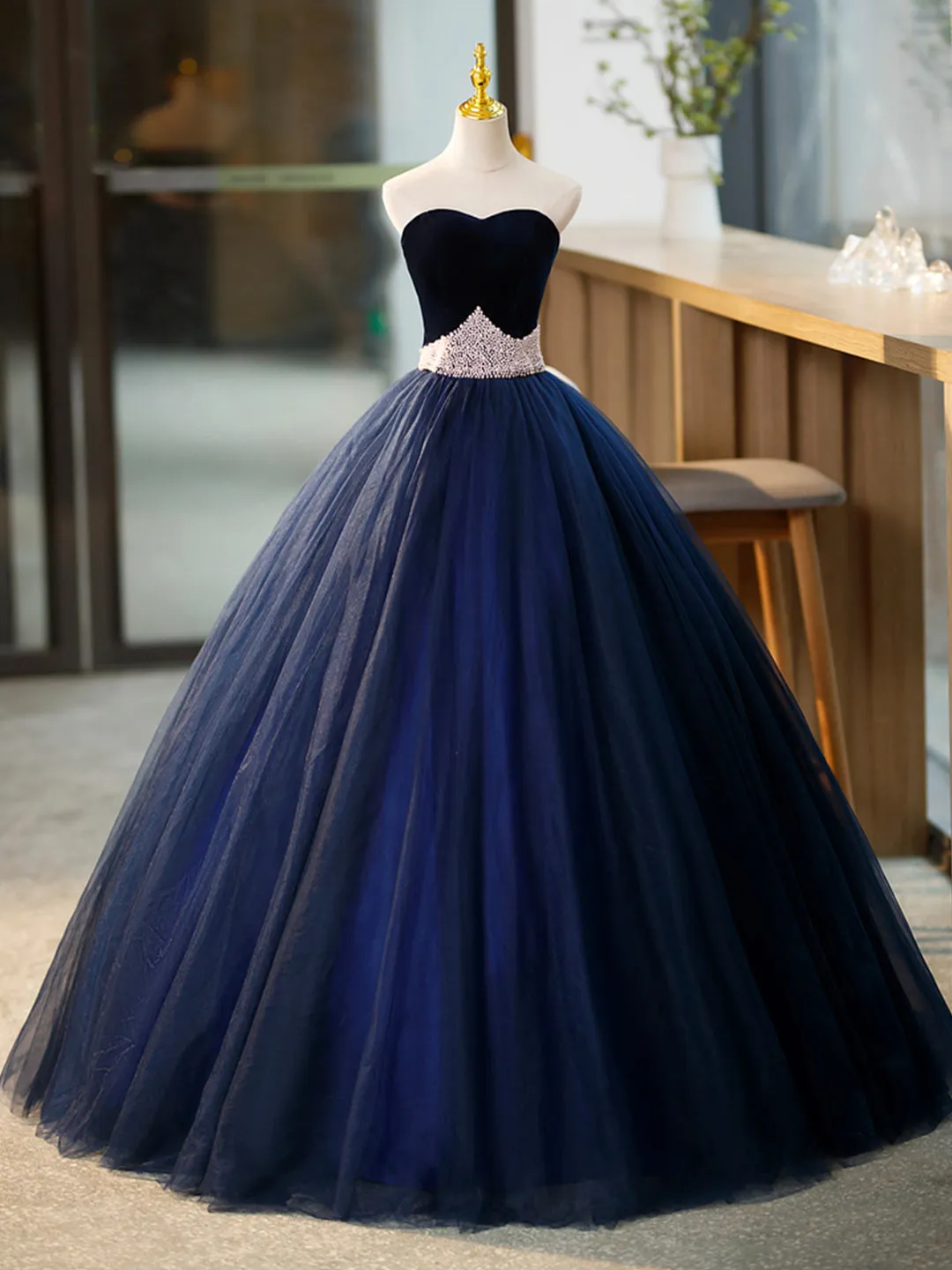 Blue Tulle Long Formal Dress with Velvet Blue Sweetheart Neck Prom Dress