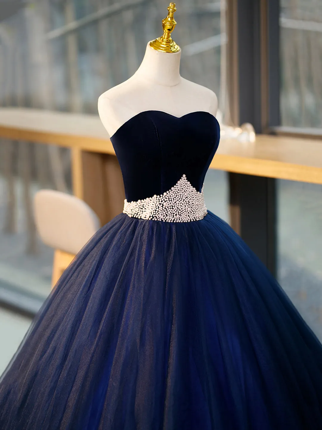 Blue Tulle Long Formal Dress with Velvet Blue Sweetheart Neck Prom Dress