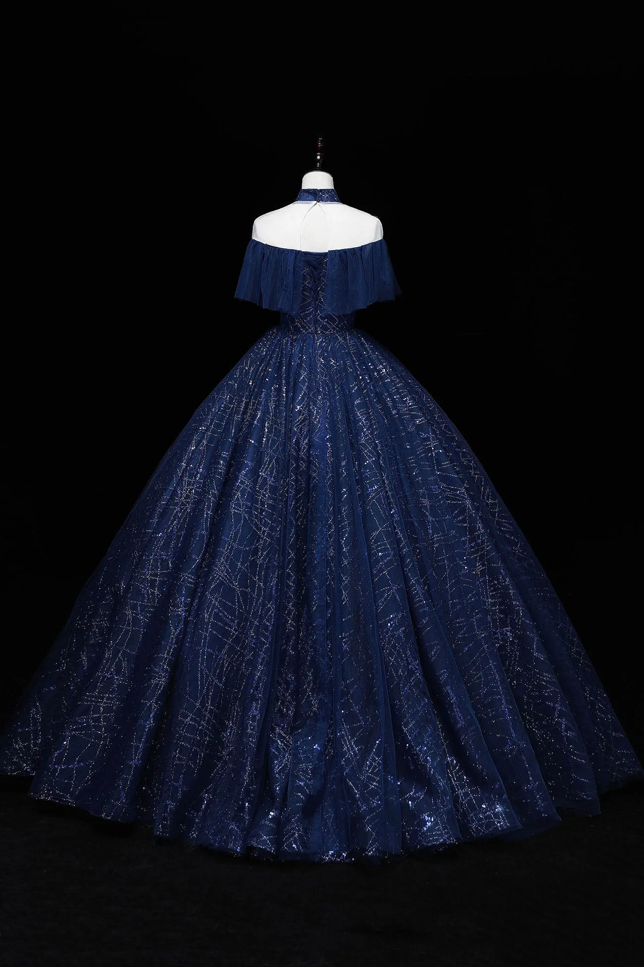 Blue Tulle Sequins Long Ball Gown Elegant A-Line Formal Gown