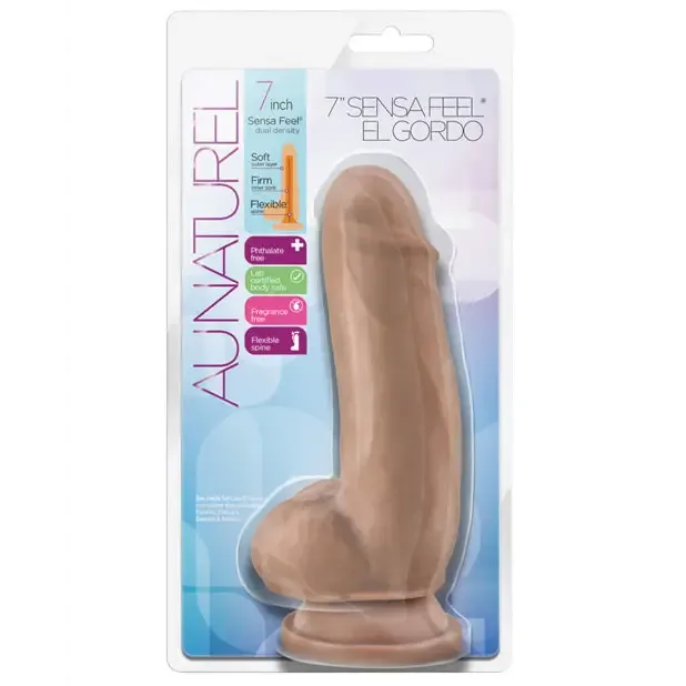 Blush Au Naturel 7 in. El Gordo Posable Dual Density Dildo with Balls & Suction Cup Tan