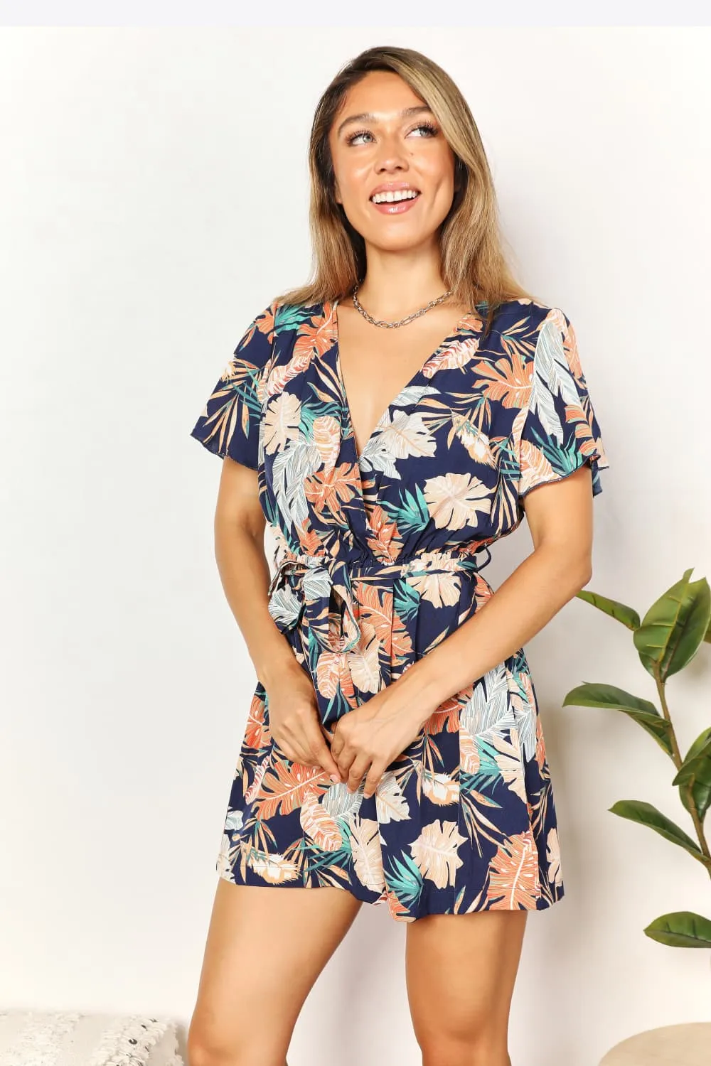 Botanical Print Surplice Neck Tie Waist Romper