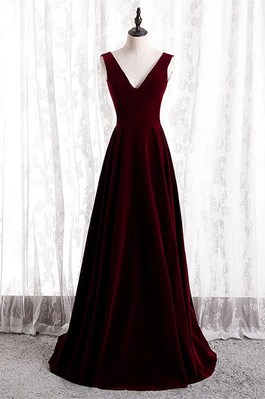 Burgundy V-Neck Velvet Formal Dress