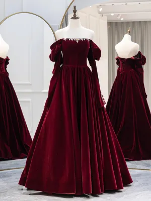 Burgundy Velvet Long Formal Dress Elegant Long Sleeve A-Line Prom Dress