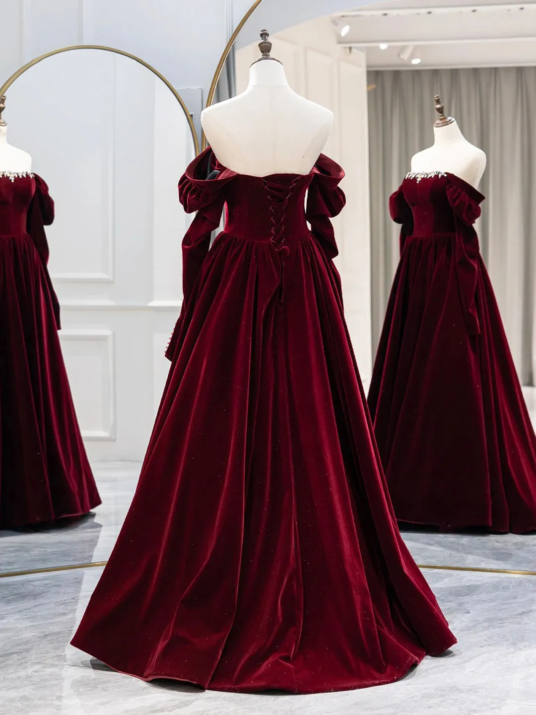 Burgundy Velvet Long Formal Dress Elegant Long Sleeve A-Line Prom Dress