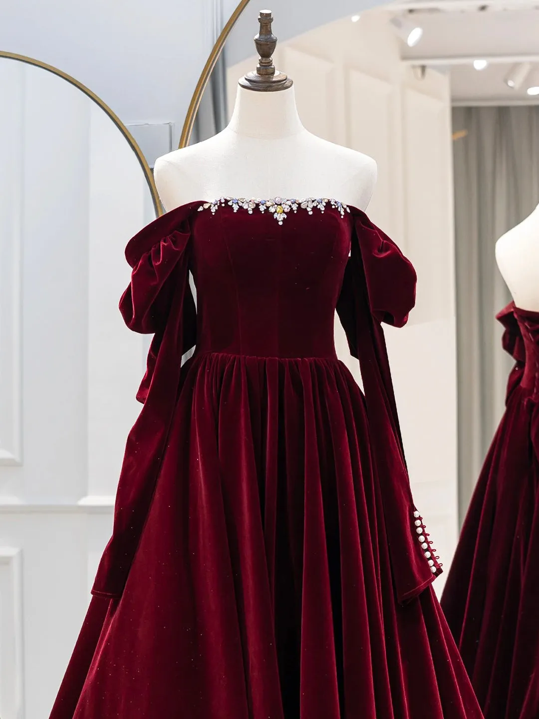 Burgundy Velvet Long Formal Dress Elegant Long Sleeve A-Line Prom Dress