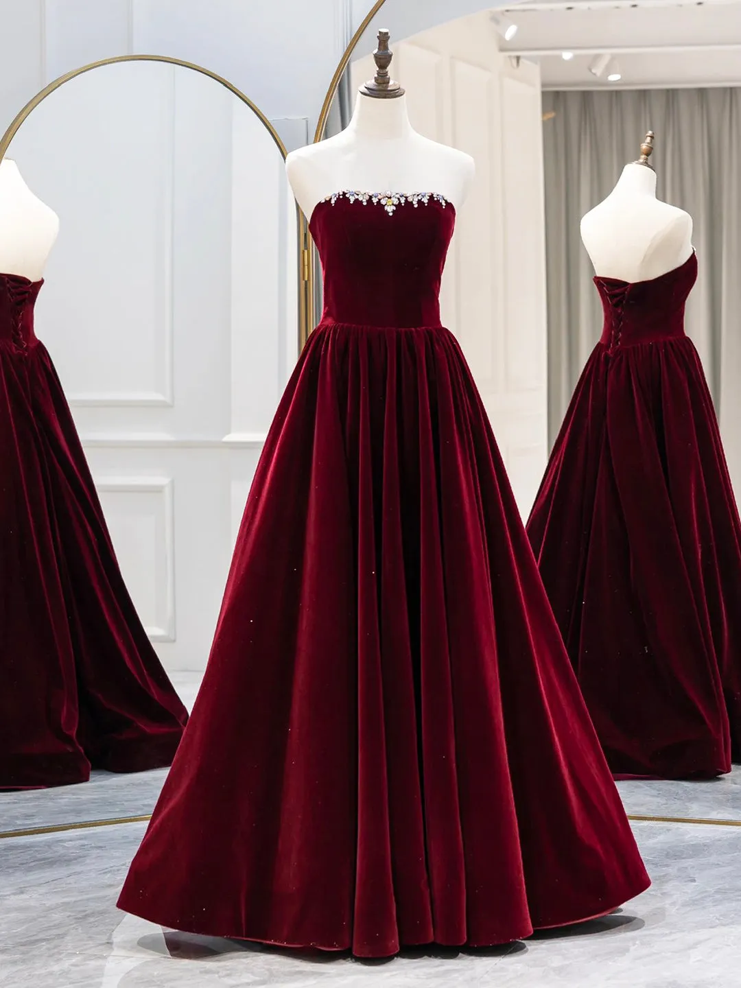 Burgundy Velvet Long Formal Dress Elegant Long Sleeve A-Line Prom Dress