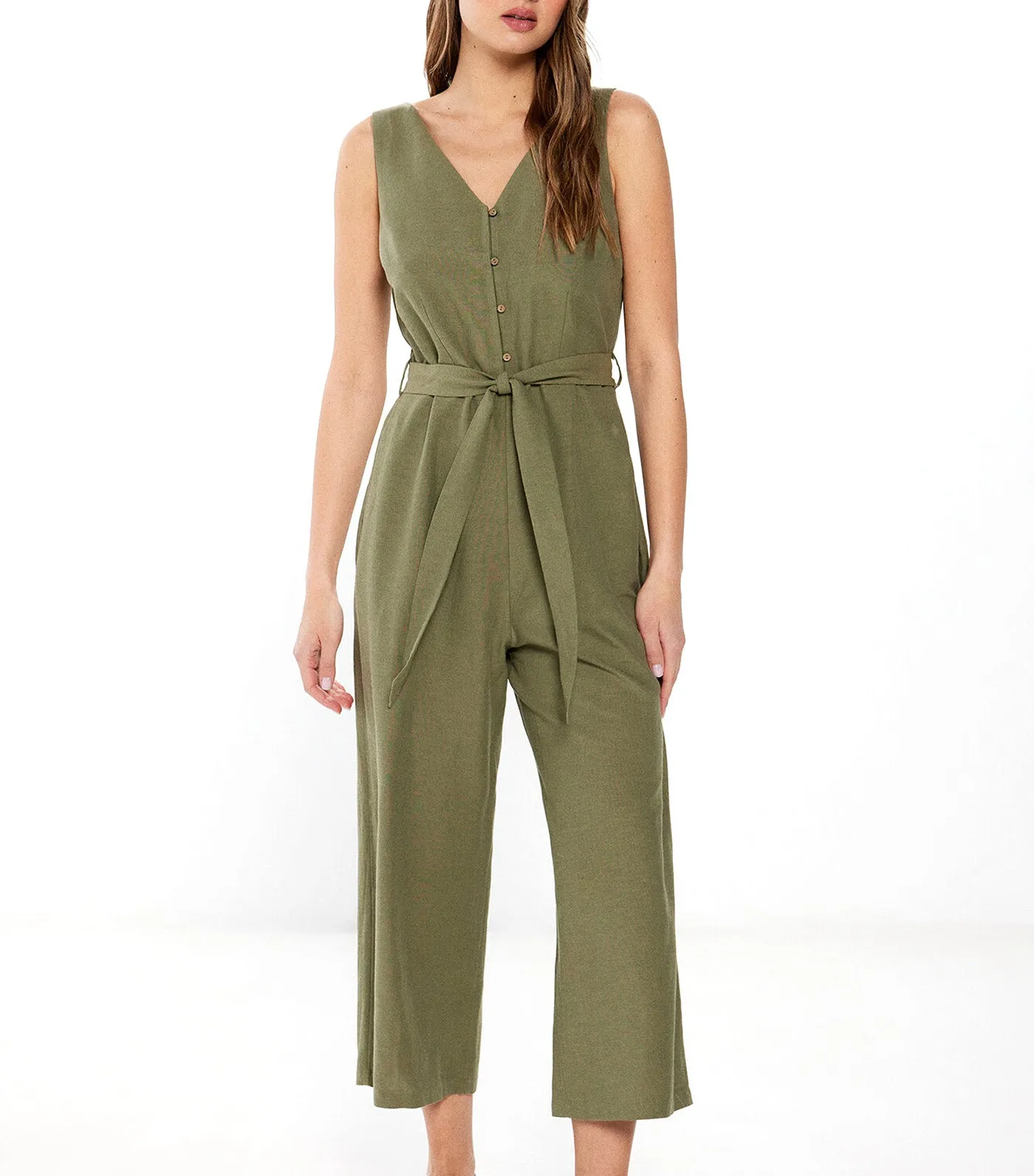 Buttoned Linen Jumpsuit
 Green