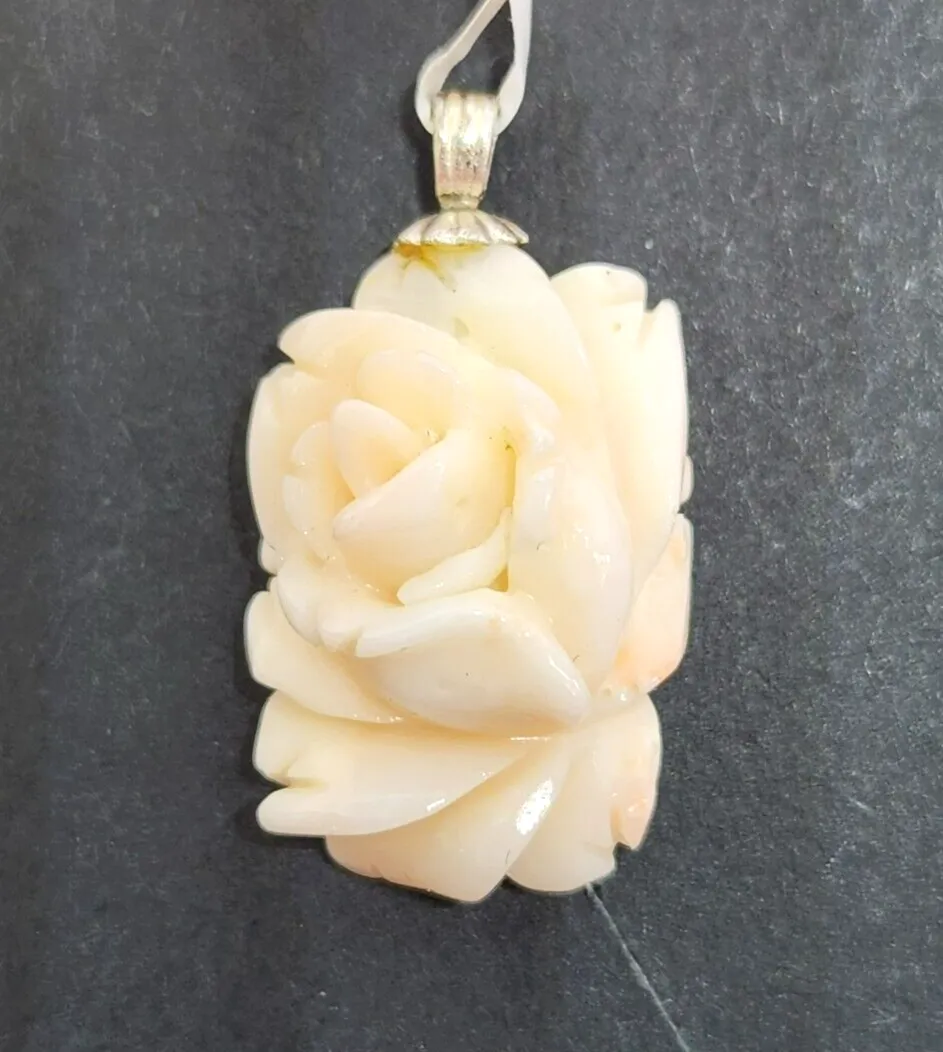 Carved Floral Angel Skin Coral Sterling Silver Pendant 1" Long