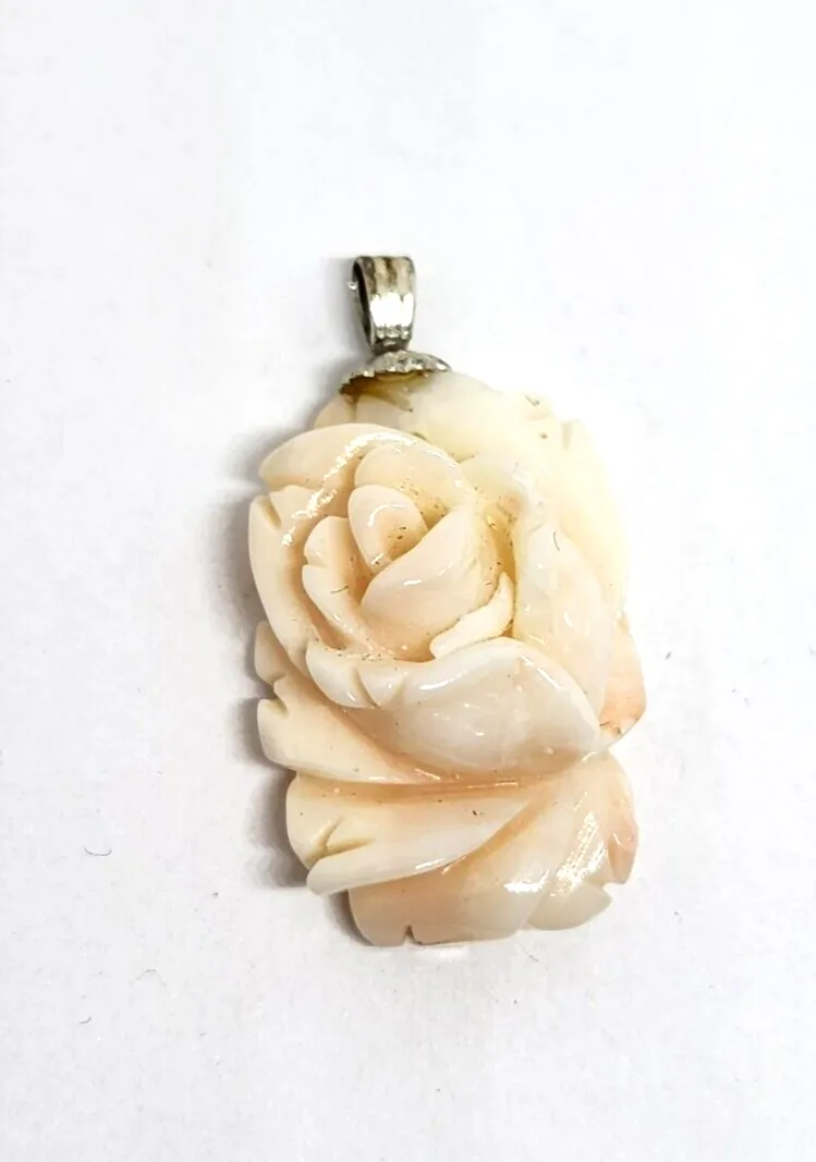 Carved Floral Angel Skin Coral Sterling Silver Pendant 1" Long