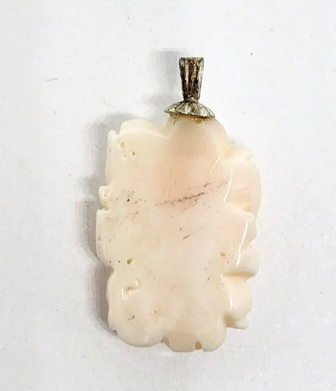 Carved Floral Angel Skin Coral Sterling Silver Pendant 1" Long