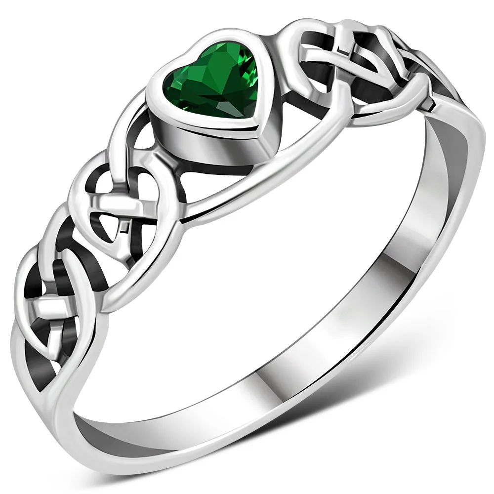 Celtic Knot Green CZ Heart Silver Ring