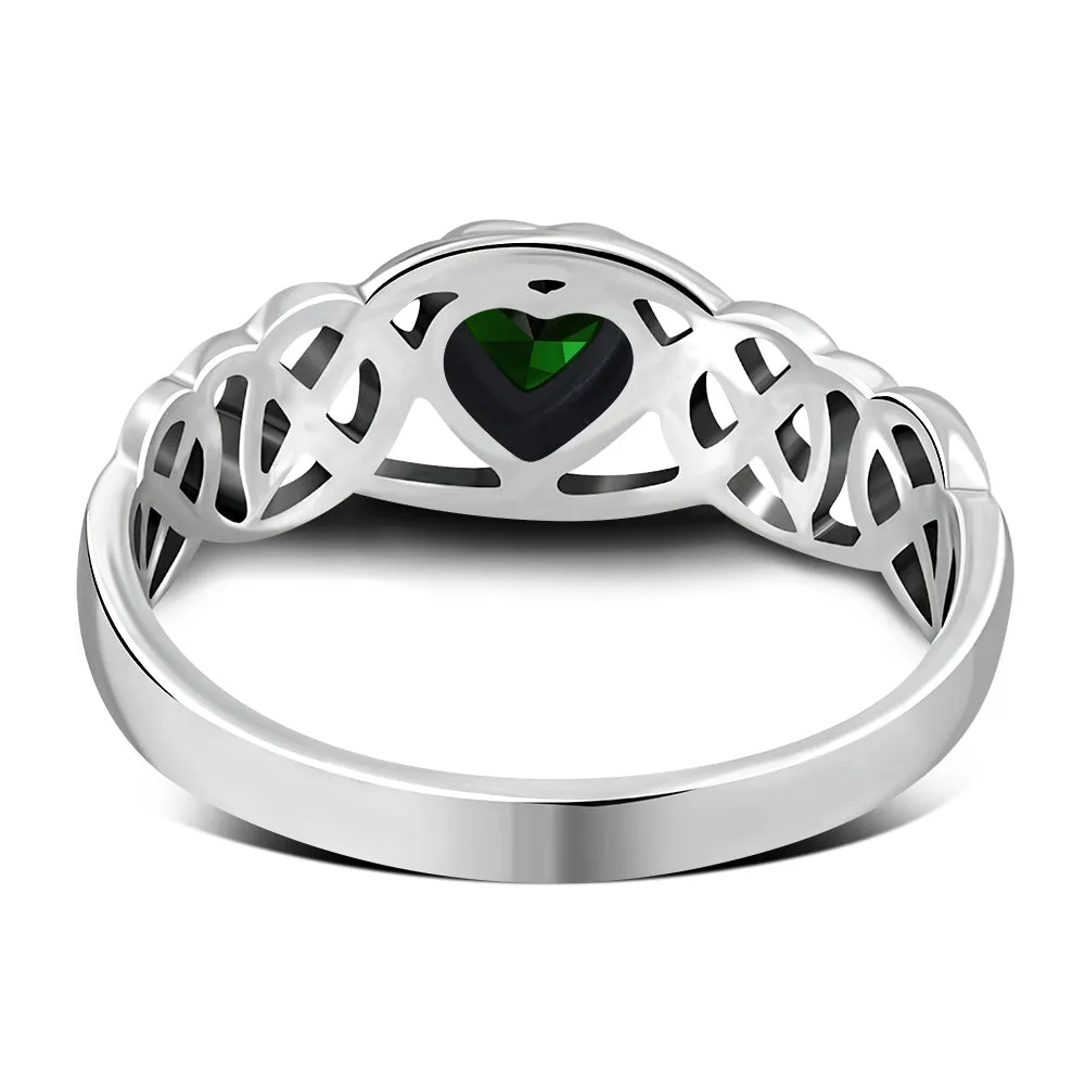 Celtic Knot Green CZ Heart Silver Ring