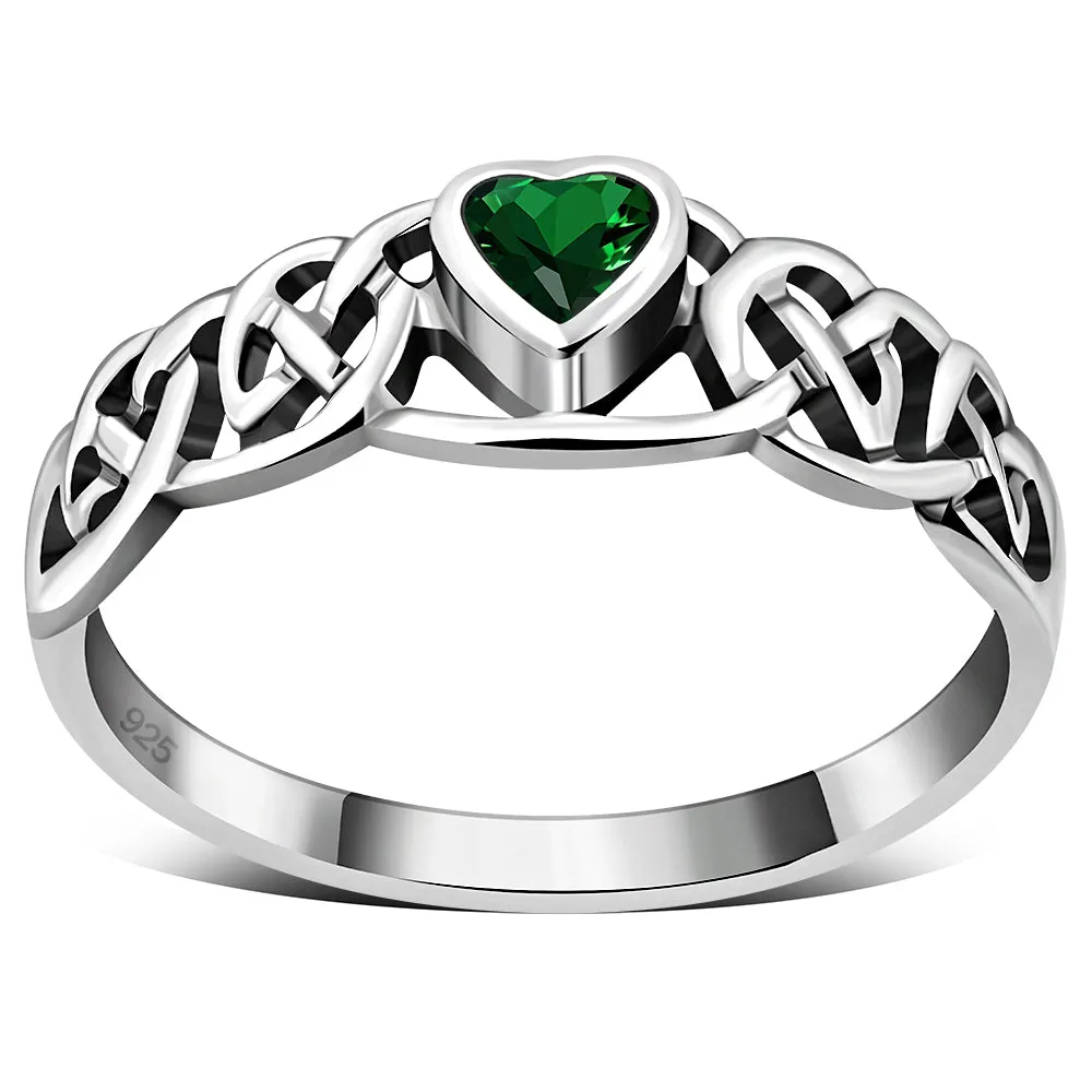 Celtic Knot Green CZ Heart Silver Ring