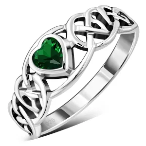 Celtic Knot Green CZ Heart Silver Ring