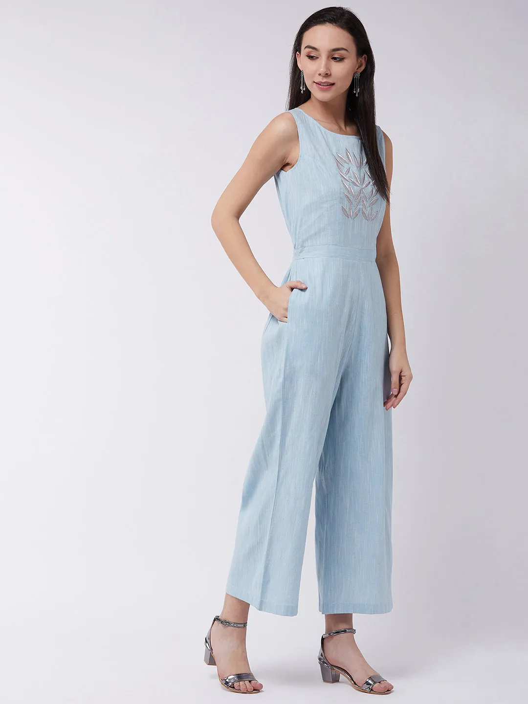 Chambray Front Embroidered Jumpsuit