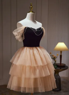 Champagne and Black Sweetheart Short Formal Dress, Tulle Homecoming Dress