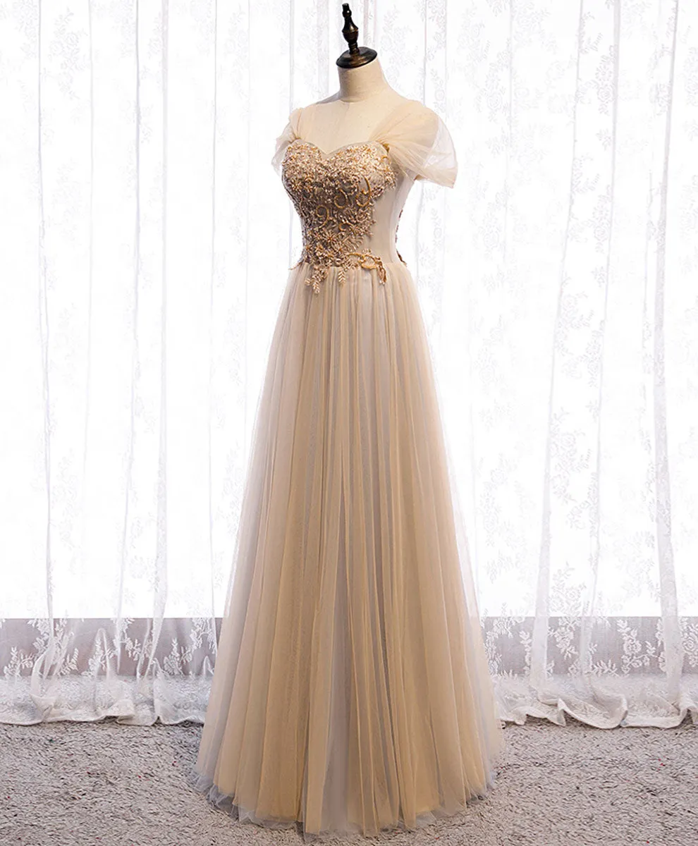 Champagne Sweetheart Tulle Lace Long Prom Dress Champagne Formal Dress