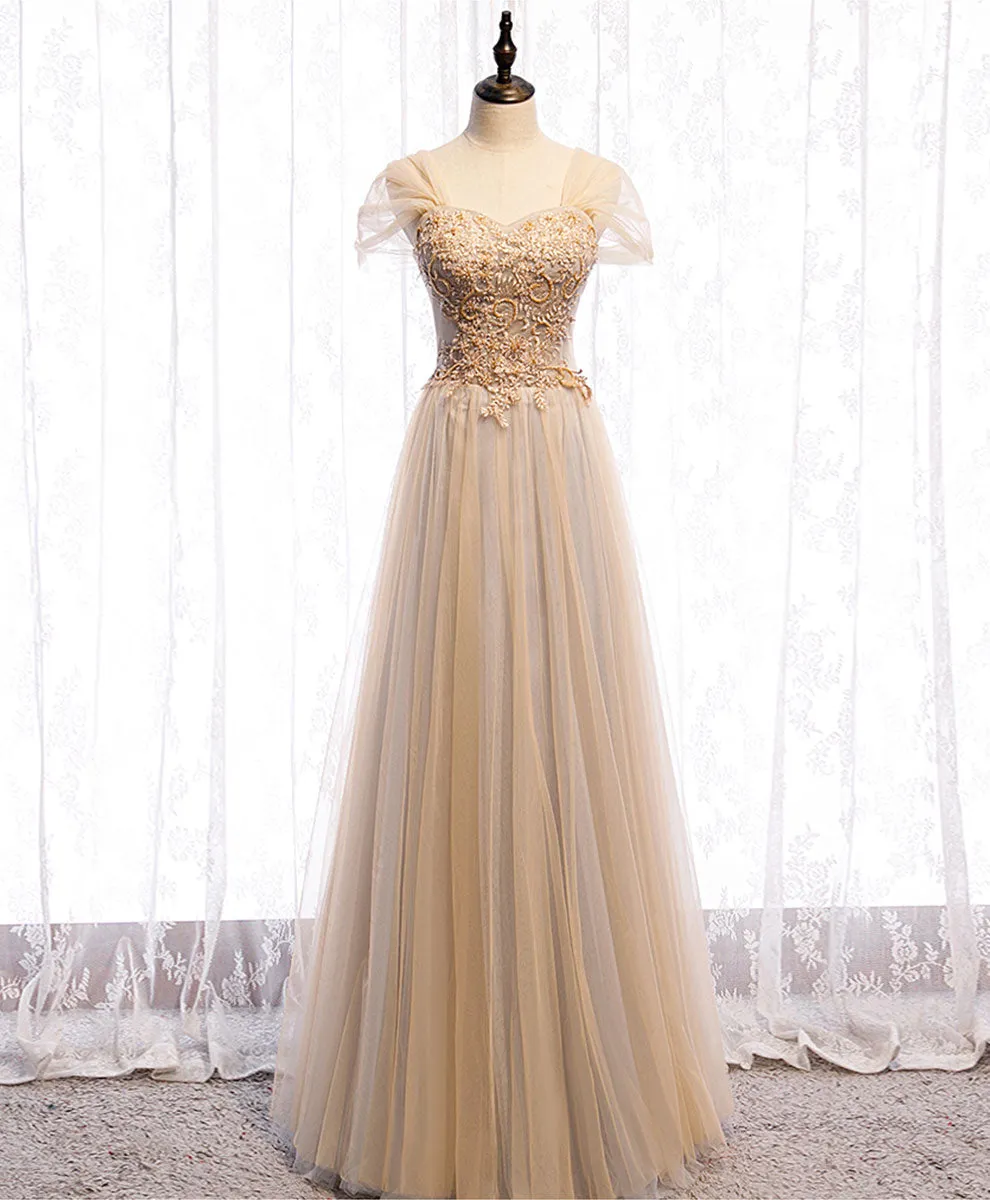 Champagne Sweetheart Tulle Lace Long Prom Dress Champagne Formal Dress