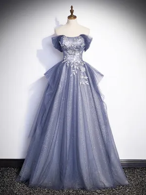 Charming Tulle Sequins A-Line Prom Dresses Off the Shoulder Floor-Length Formal Dresses