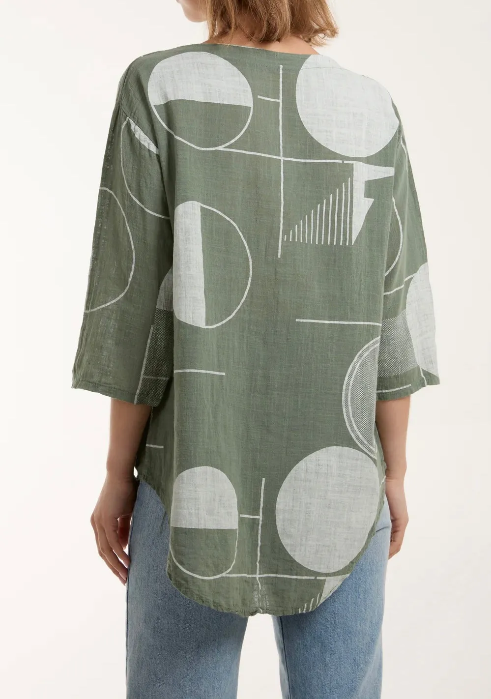 Cotton Geometric Print Silver Button Front Top (4 Colours)