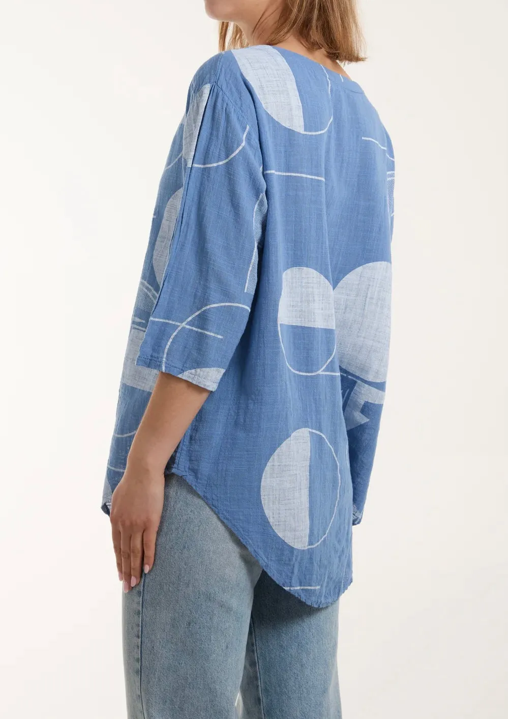 Cotton Geometric Print Silver Button Front Top (4 Colours)