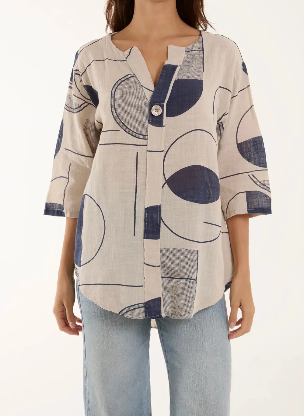 Cotton Geometric Print Silver Button Front Top (4 Colours)