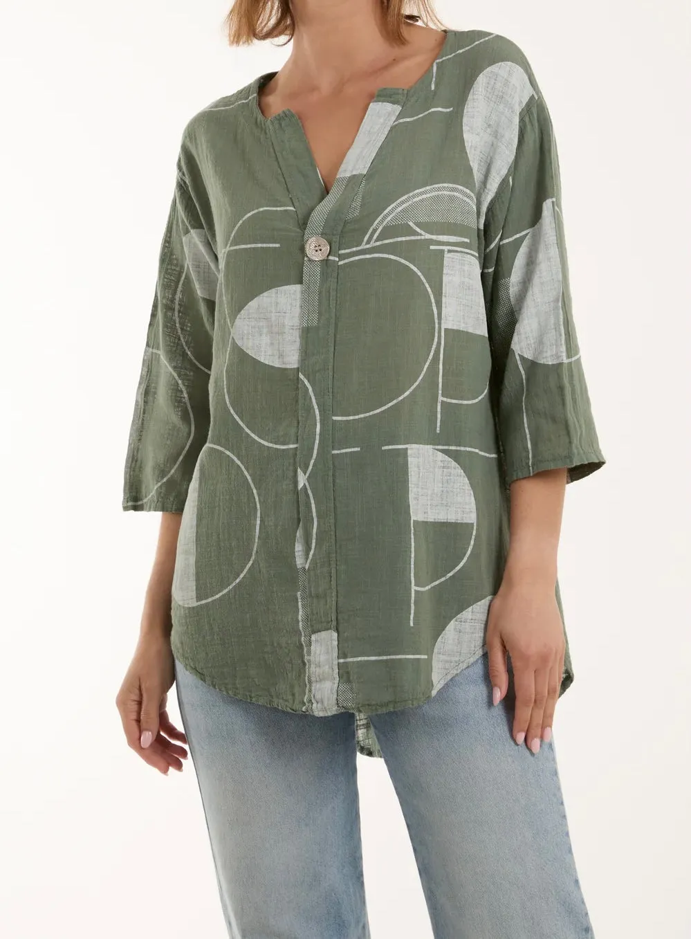 Cotton Geometric Print Silver Button Front Top (4 Colours)