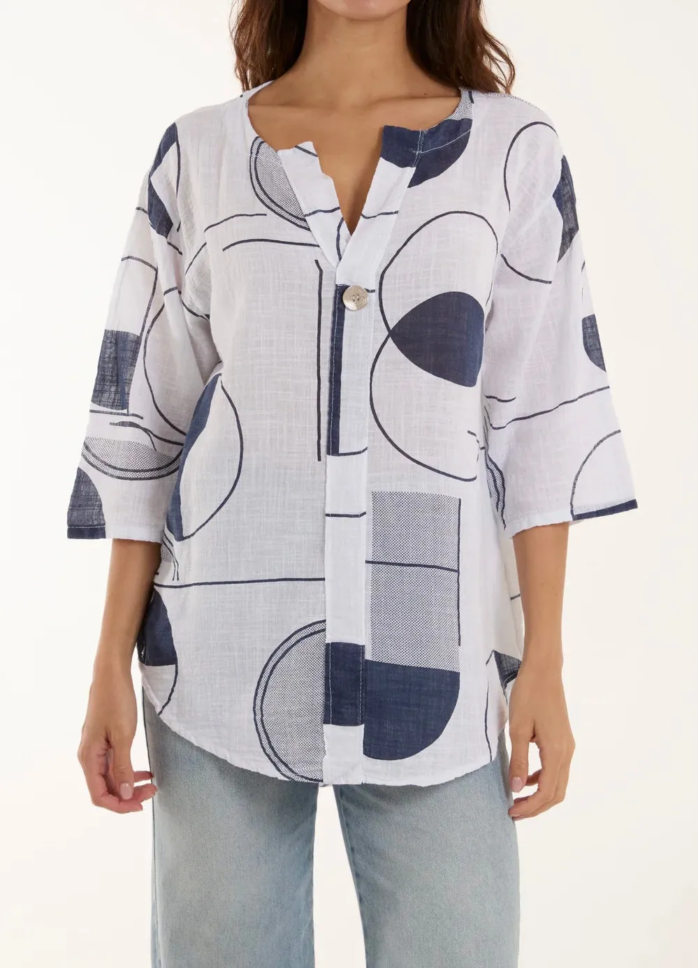 Cotton Geometric Print Silver Button Front Top (4 Colours)