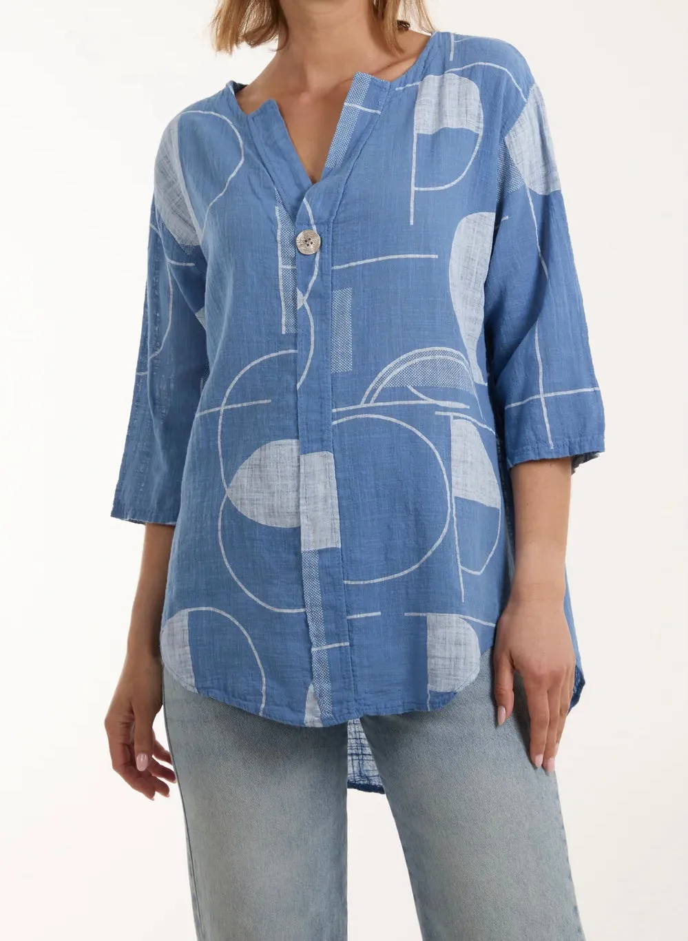 Cotton Geometric Print Silver Button Front Top (4 Colours)