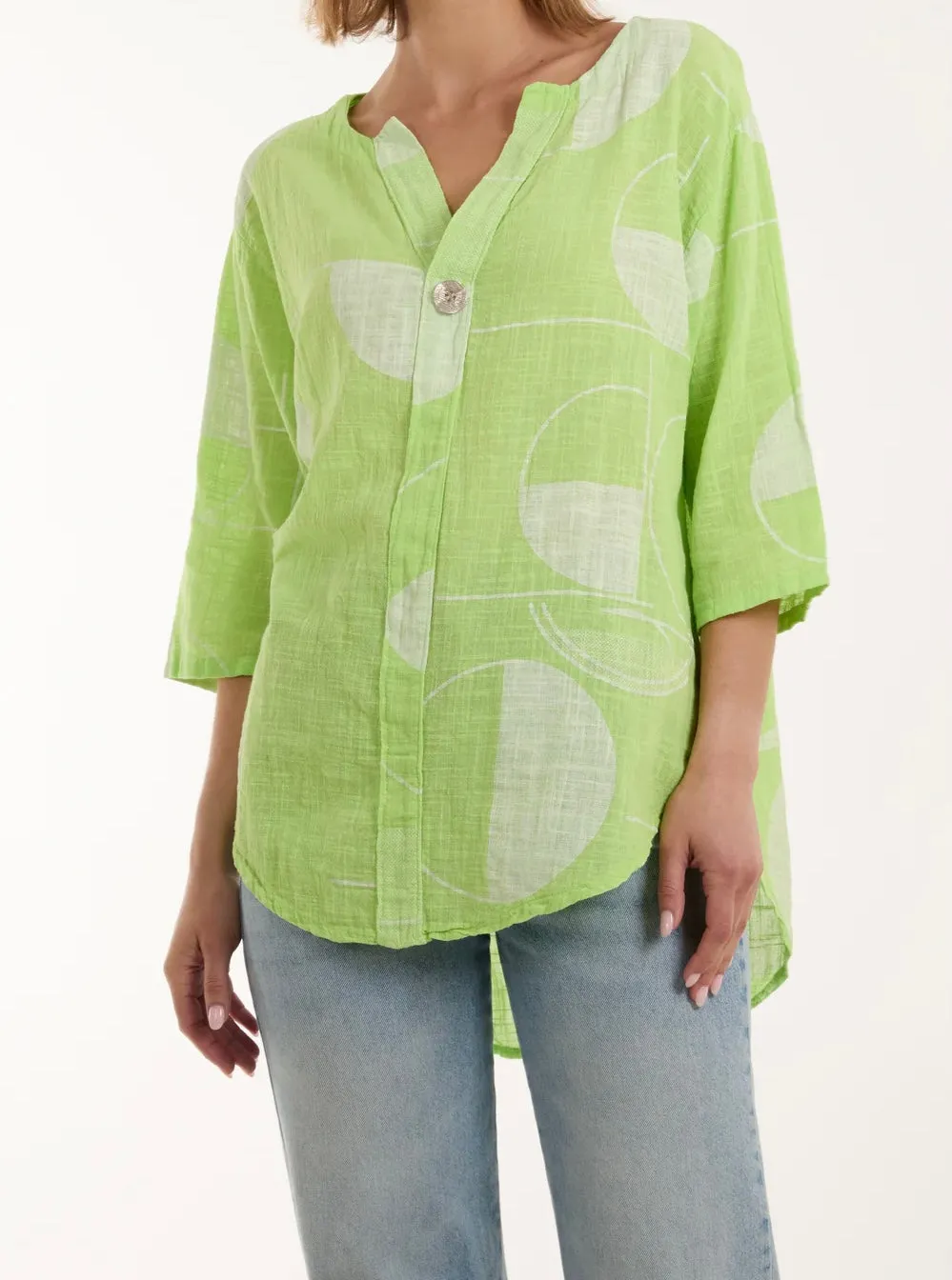 Cotton Geometric Print Silver Button Front Top (4 Colours)