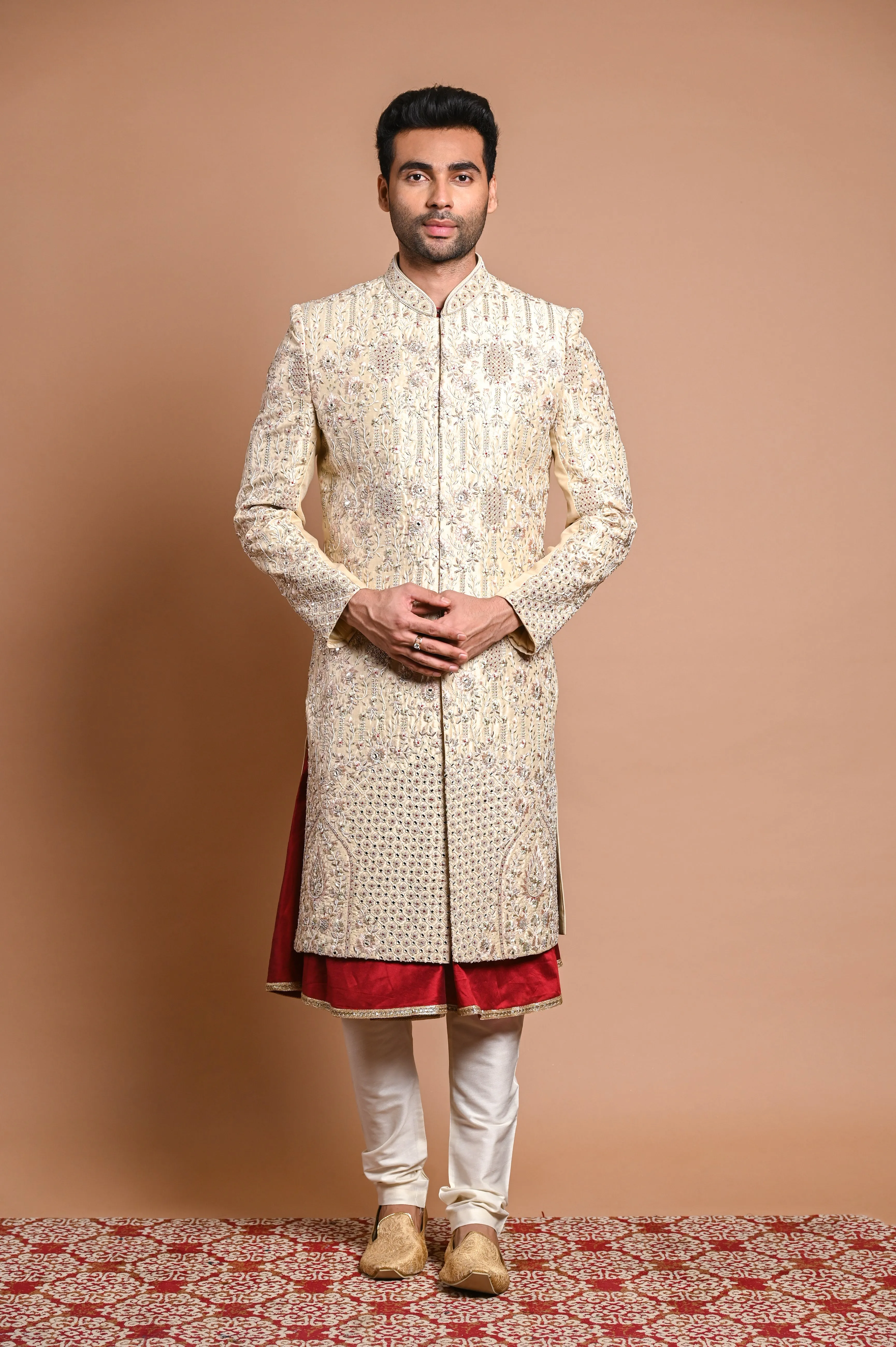 Cream Raw Silk Sherwani With Pearl and zardosi work