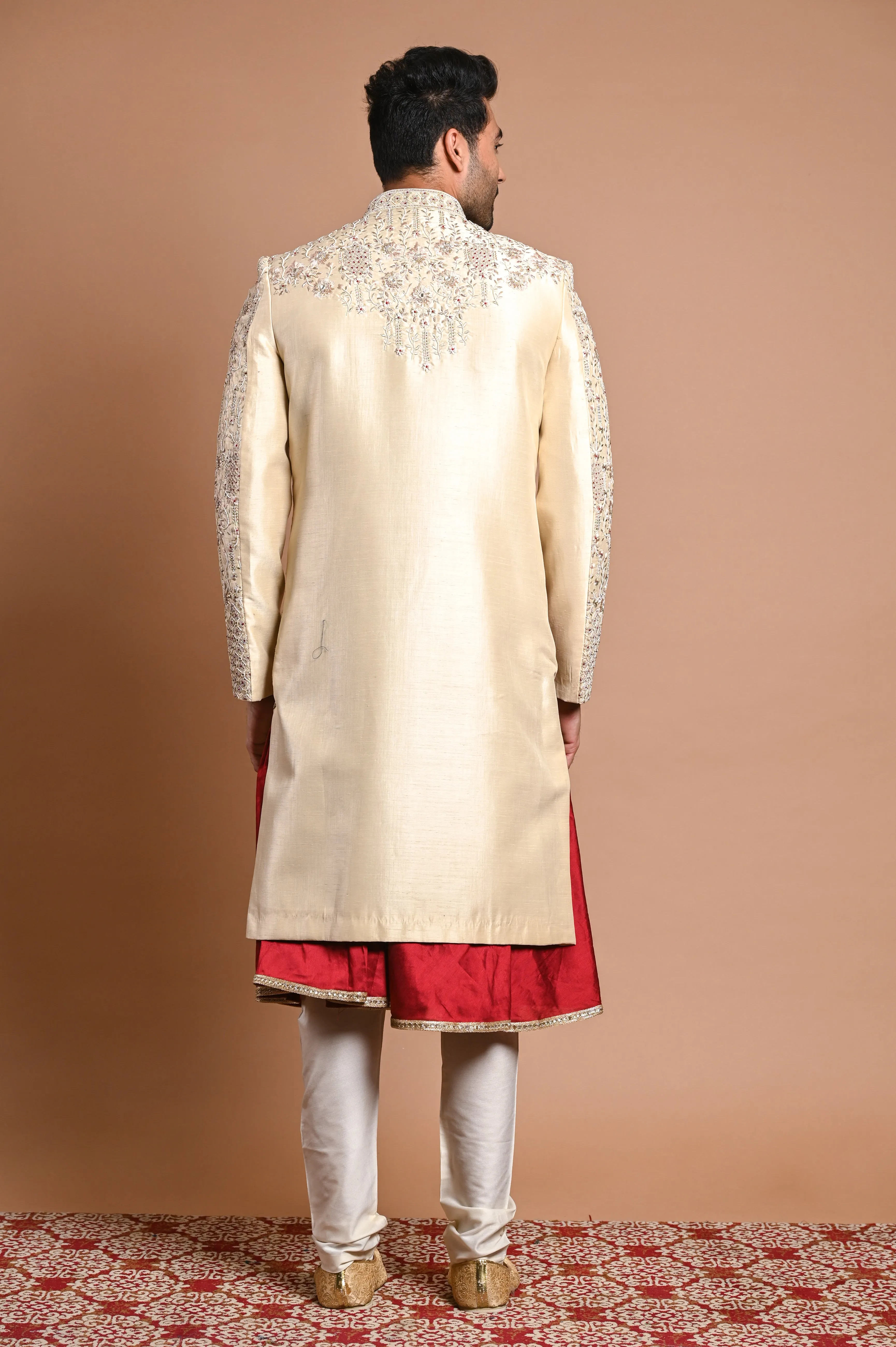 Cream Raw Silk Sherwani With Pearl and zardosi work