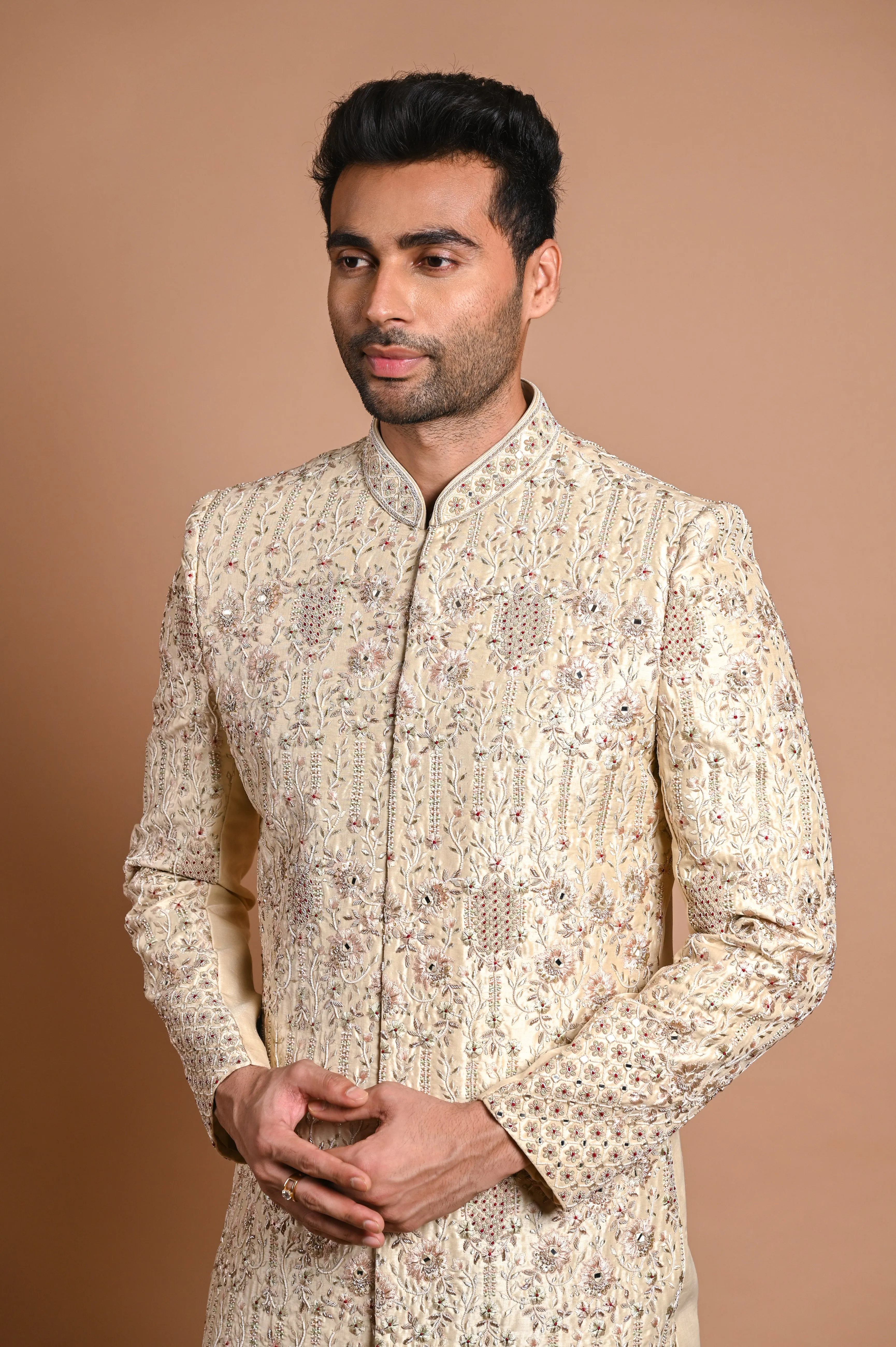 Cream Raw Silk Sherwani With Pearl and zardosi work