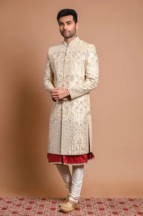 Cream Raw Silk Sherwani With Pearl and zardosi work