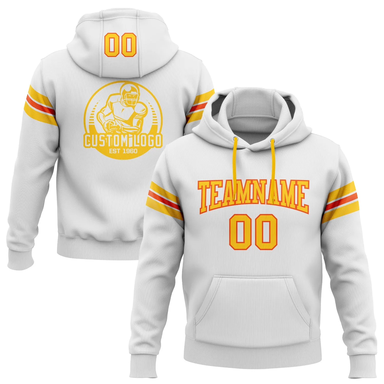 Custom Stitched White Yellow-Orange Football Pullover Sweatshirt Hoodie