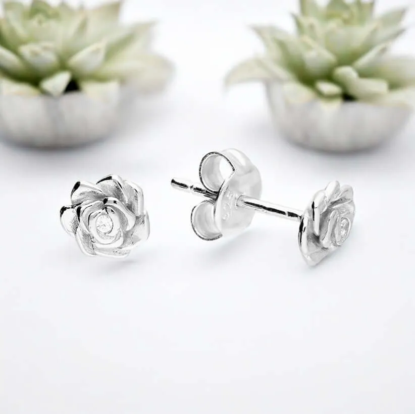 Dainty Rose Flower Sterling Silver Stud Earrings