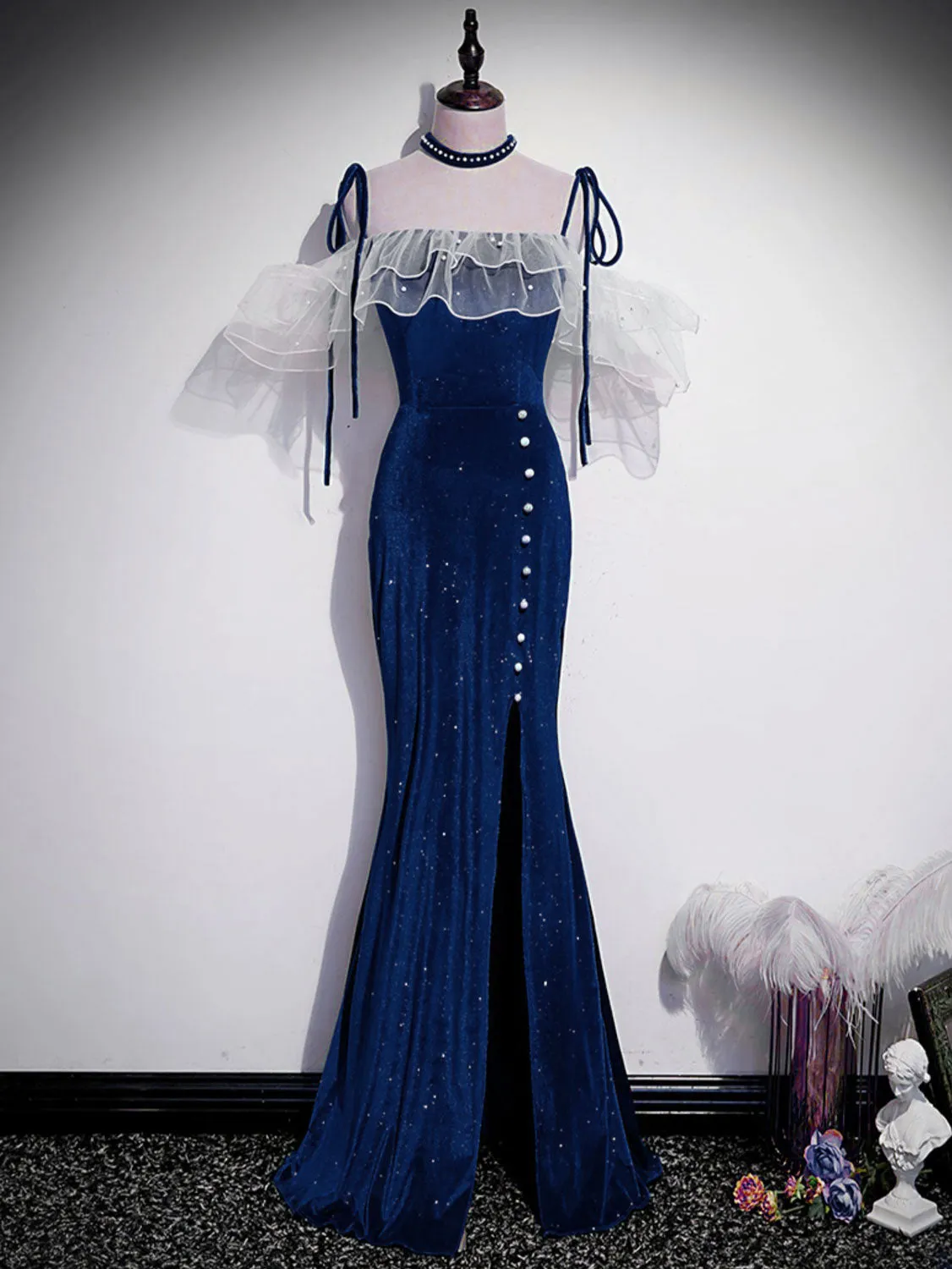 Dark Blue Mermaid Velvet Long Prom Dresses, Blue Formal Evening Dress