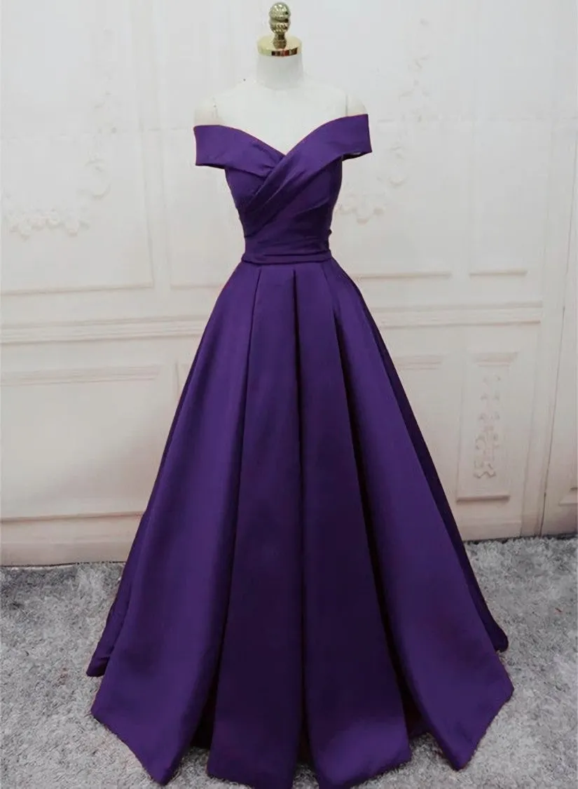 Dark Purple Off Shoulder Satin Long Formal Gown, Prom Dresses