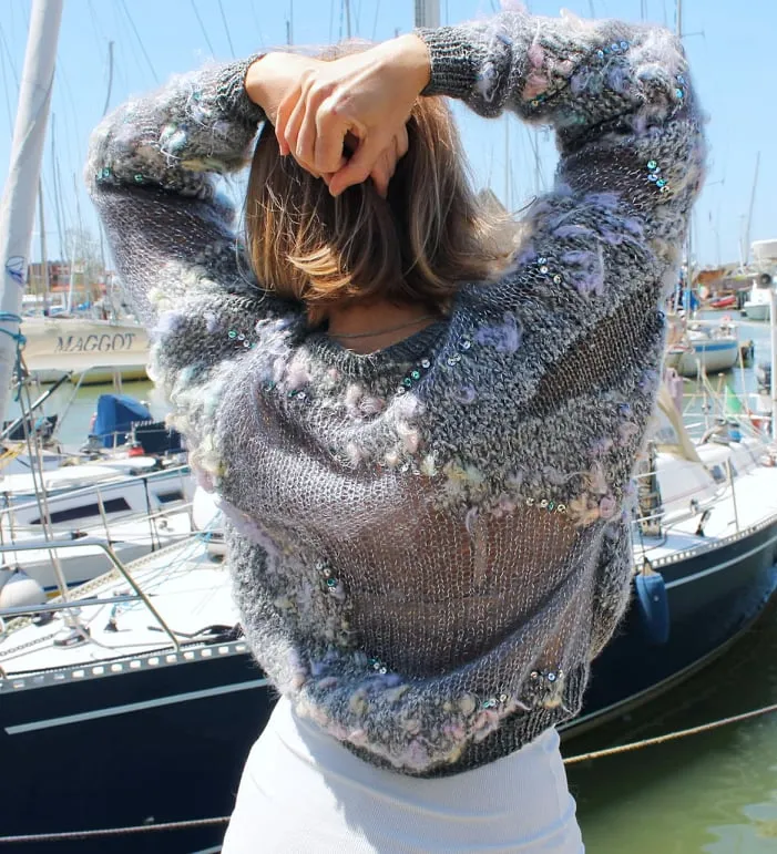 Designer Hand Knitted Mohair Sweater with fish net effect