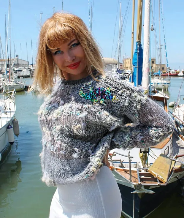 Designer Hand Knitted Mohair Sweater with fish net effect