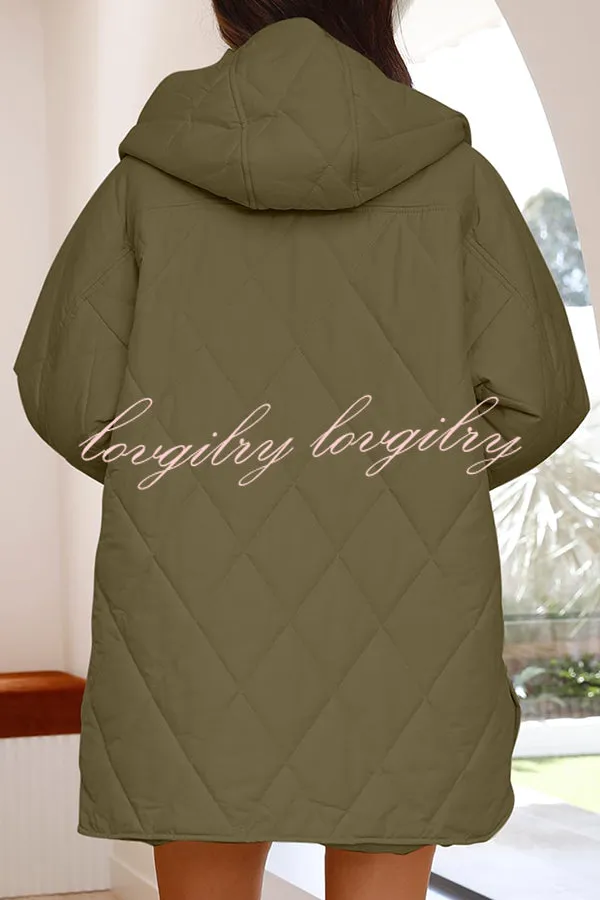 Diamond Quilted Button Pocket Hooded Long Sleeve Coat