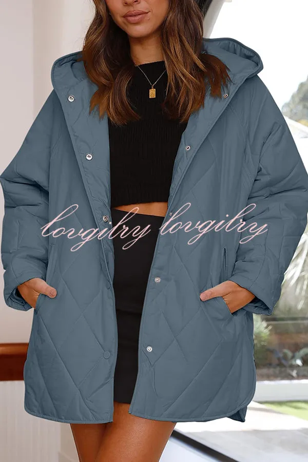 Diamond Quilted Button Pocket Hooded Long Sleeve Coat