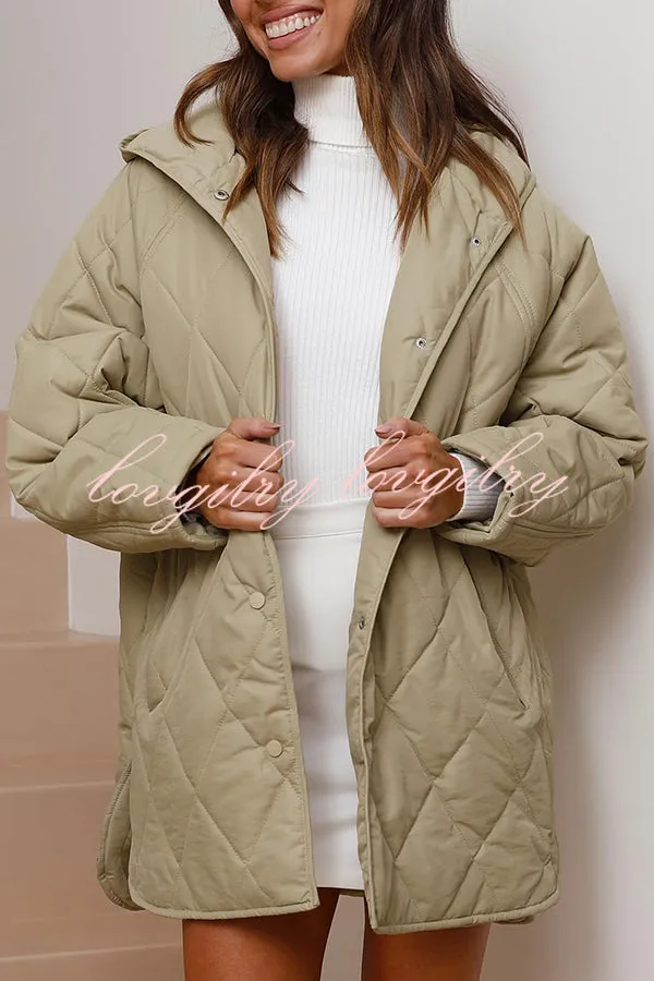 Diamond Quilted Button Pocket Hooded Long Sleeve Coat