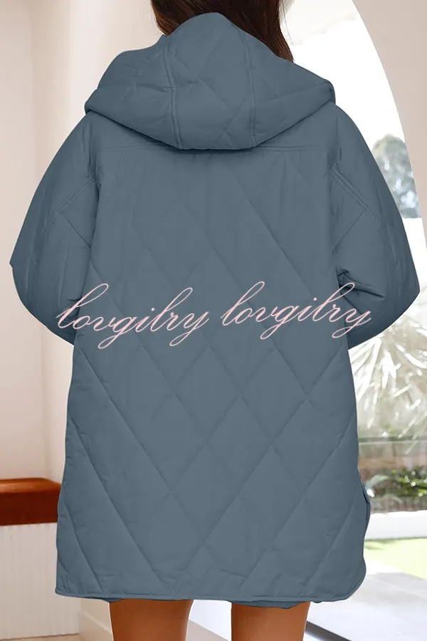 Diamond Quilted Button Pocket Hooded Long Sleeve Coat