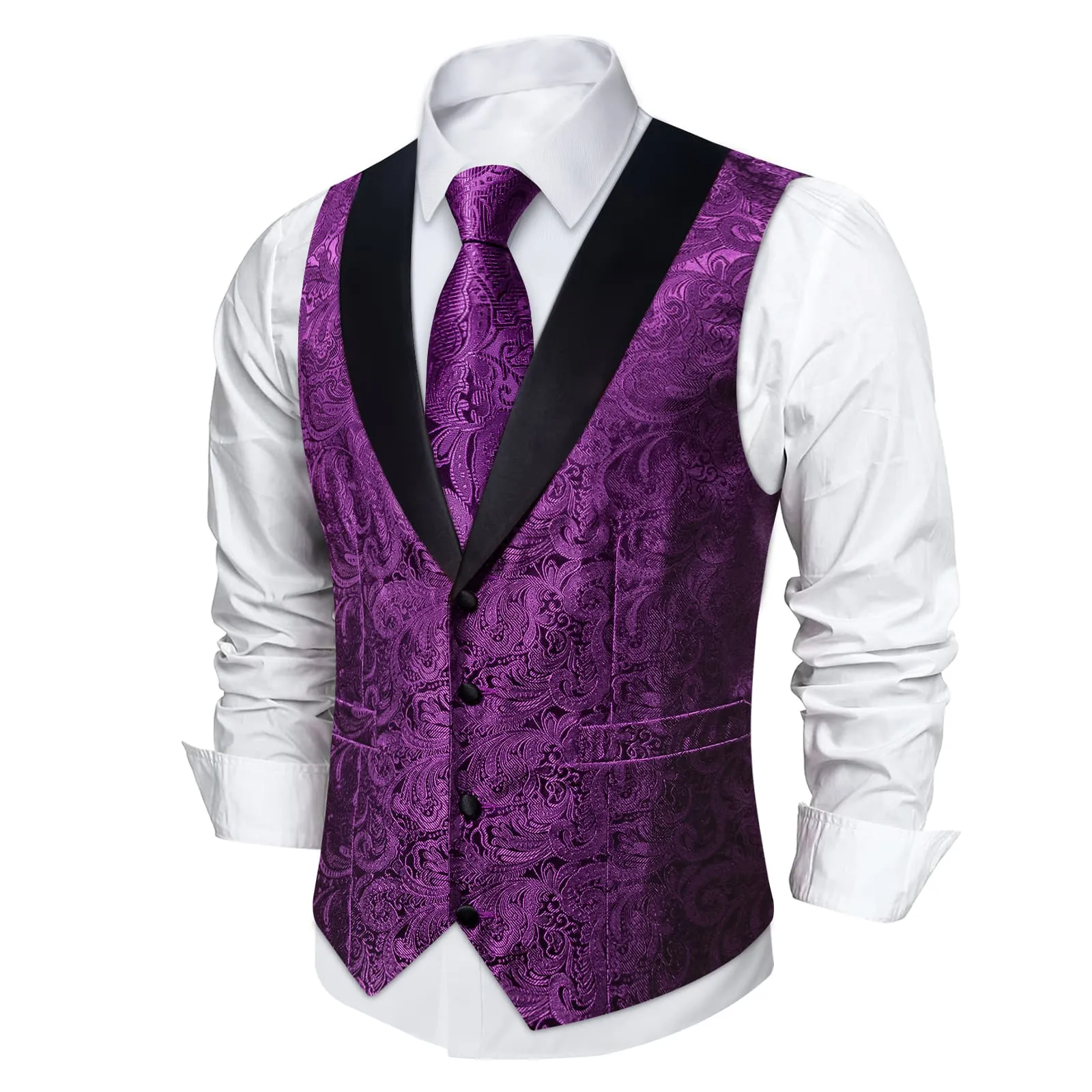 DiBanGu Patriarch Purple Floral Silk Shawl Collar Mens Dress Vest Tie Set