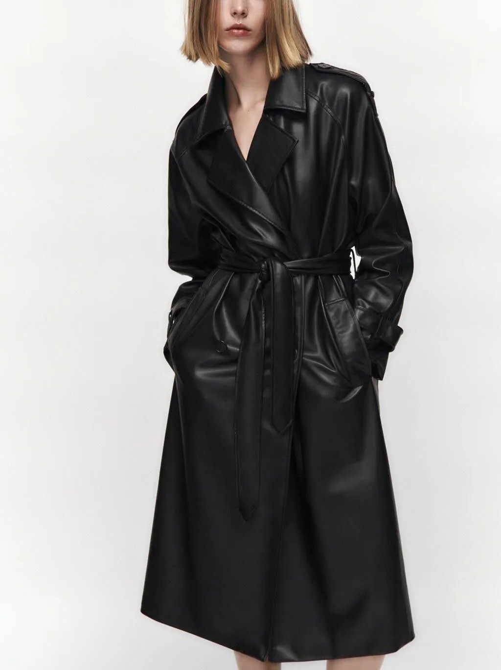 Double Breasted Full Length Black Patent Faux Leather Trench Coat