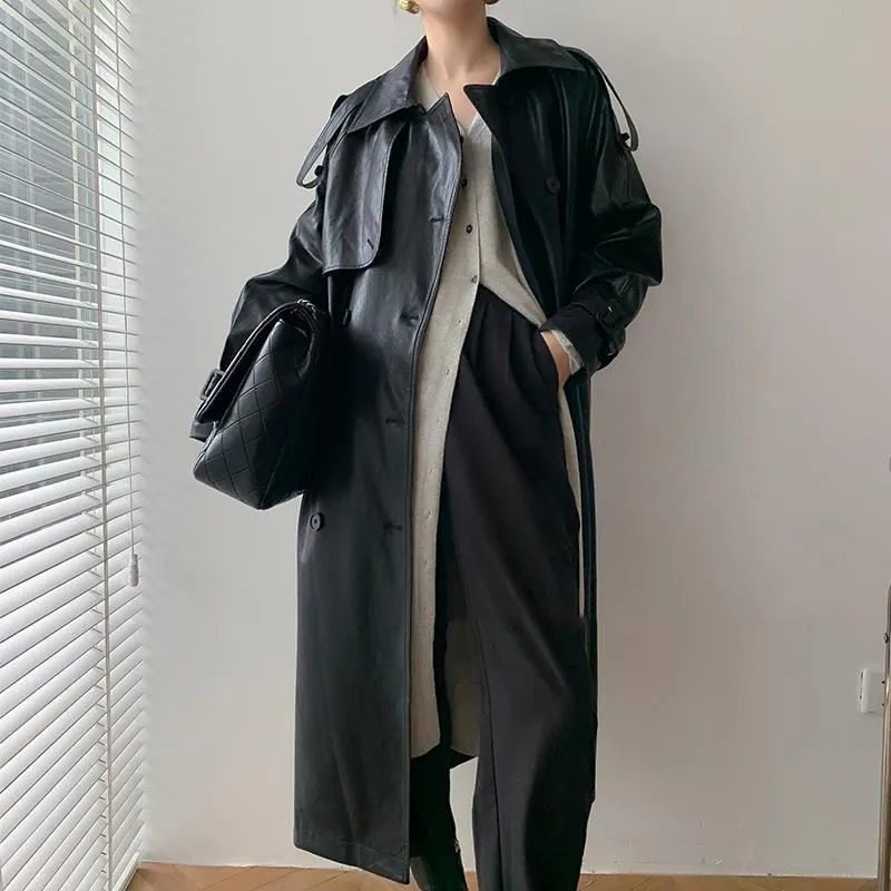 Double Breasted Full Length Black Patent Faux Leather Trench Coat