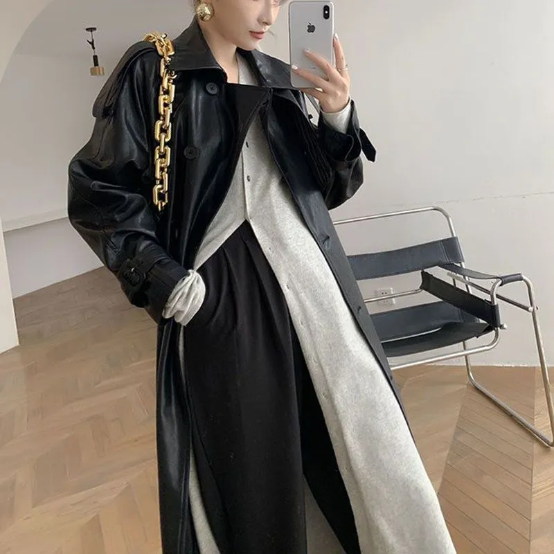 Double Breasted Full Length Black Patent Faux Leather Trench Coat