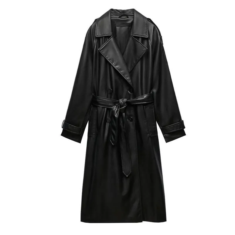 Double Breasted Full Length Black Patent Faux Leather Trench Coat